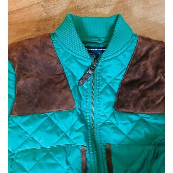 Ralph Lauren Sport Quilted Jacket Green W/ 100% Calf Suede Brown Trim Women S/P - Picture 6 of 10